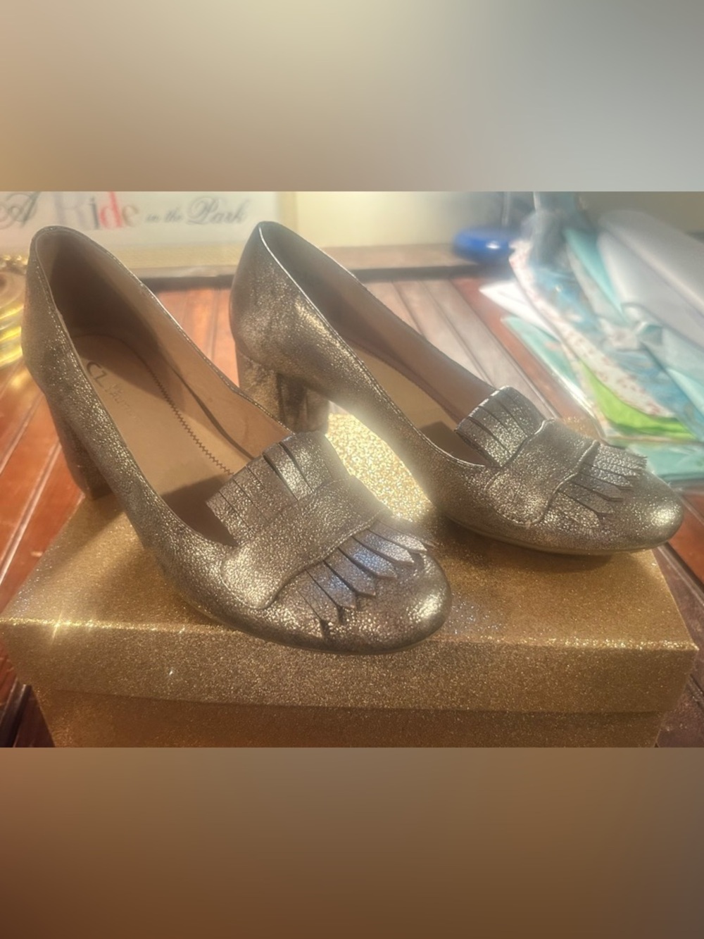 Metallic Bronze/Gold Fringe Block Heels